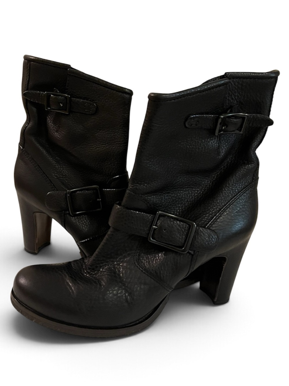 Roberto Del Carlo Black Leather Buckle Mid-Calf Heeled Boots